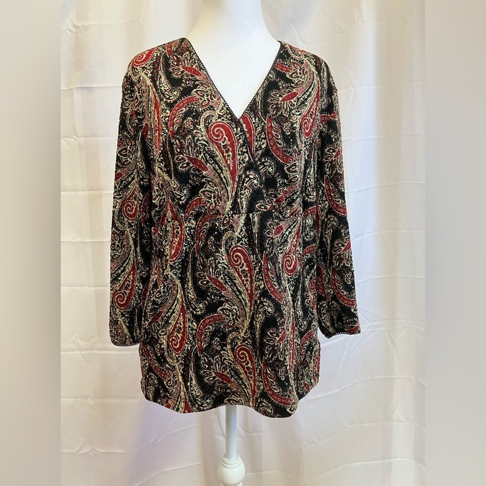 East 5th Brown and Red Long Sleeve Blouse with Notched Collar - Picture 1 of 6